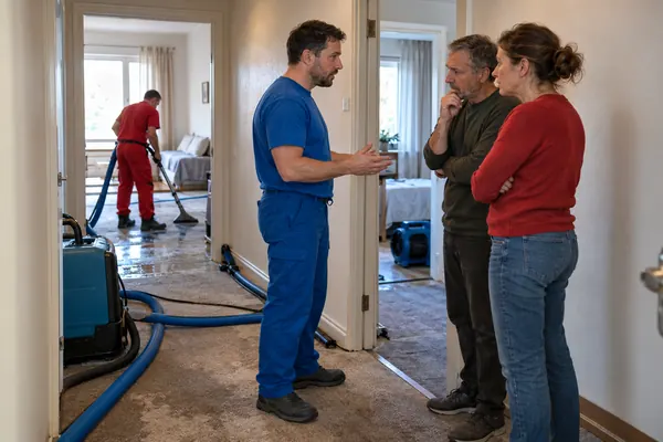 Technician explaining water damage to two residents in an apartment hallway with blue hoses on the floor and a coworker extracting water in a bedroom