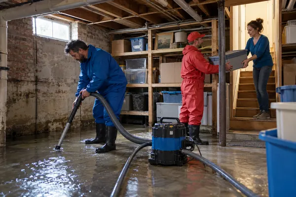 Technician vacuuming a flooded concrete basement floor while a second worker hands a storage tote to a woman on the stairs