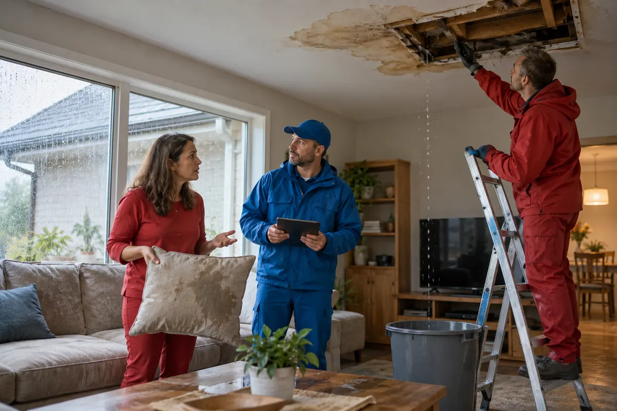 Technician on a ladder opening a stained and dripping ceiling while a homeowner holds a wet pillow and a colleague takes notes on a tablet