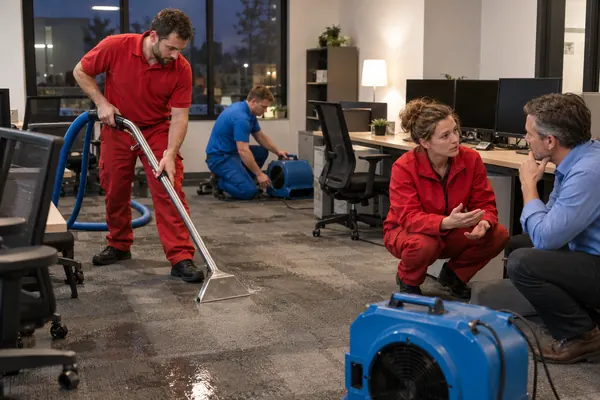 Restoration crew extracting water from a wet office carpet while a technician speaks with a manager beside desks and monitors
