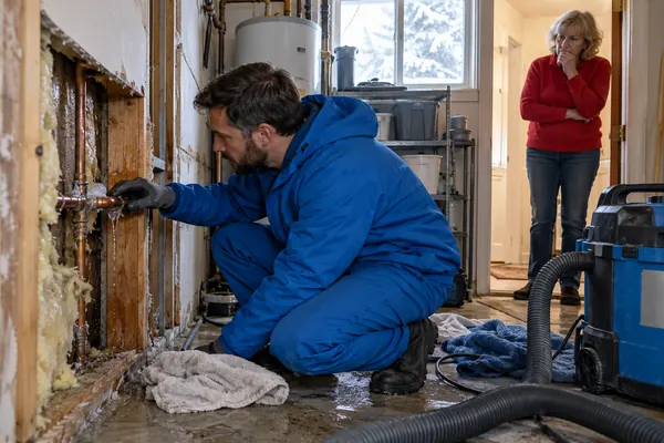 Technician in a blue jumpsuit inspecting a split copper pipe inside an opened wall with wet insulation while a homeowner watches from behind