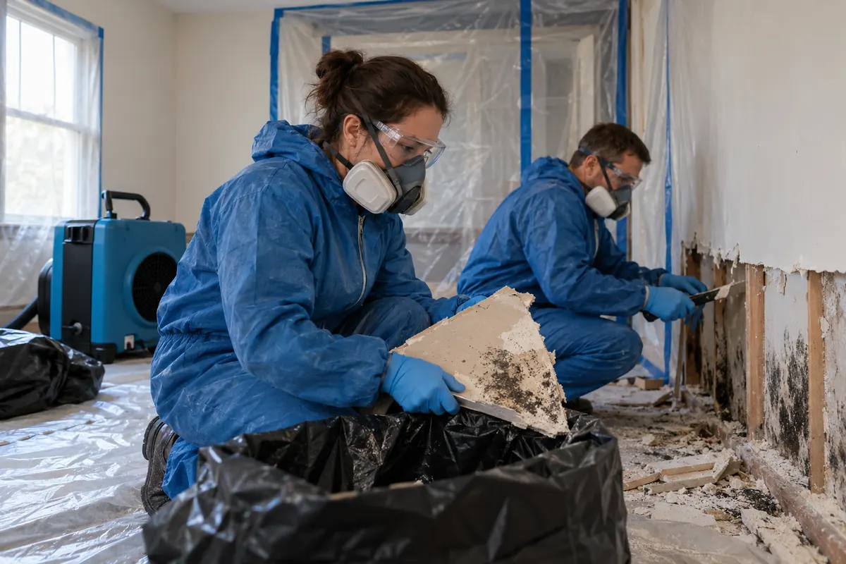 Two technicians in respirators and blue coveralls bag black mold-stained drywall inside a room sealed with plastic sheeting