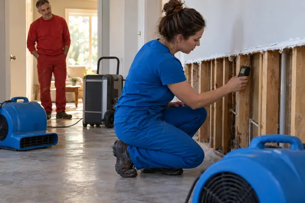 Technician holding a moisture meter against exposed wall studs with air movers and a dehumidifier running behind her