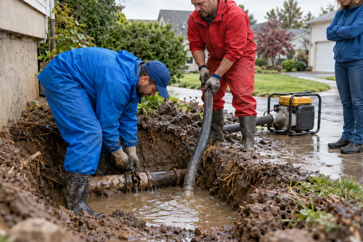 Two restoration workers in red and blue gear drain water from a trench beside a house foundation while a homeowner watches