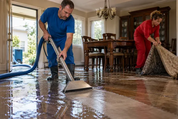 Technician pulling a wand extractor across a flooded hardwood dining room floor while a coworker folds back a soaked rug